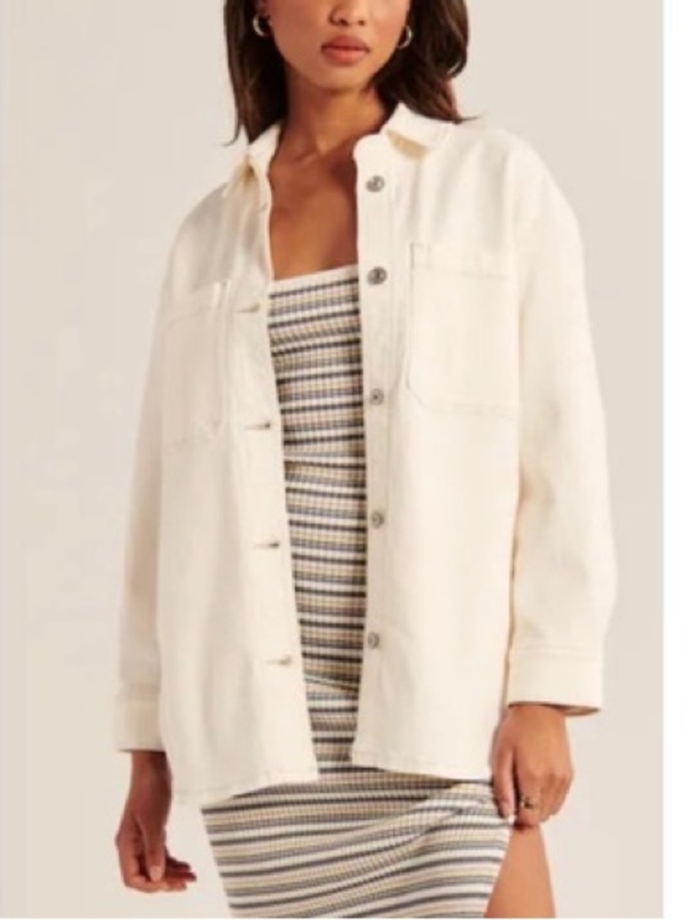 A&F Women's Denim Shirt Jacket in Cream/Off-White
